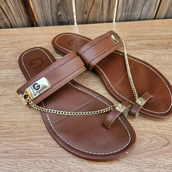 G By Guess Brown Leather Sandals with Gold Chain Size 8 - Picture 11 of 16